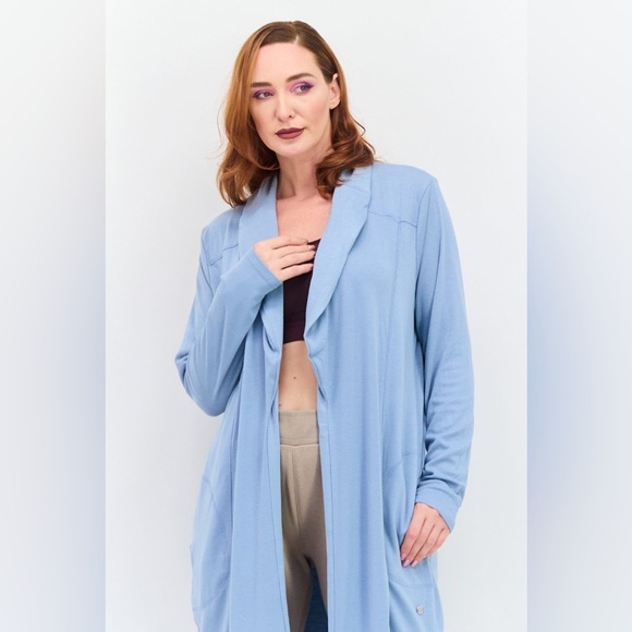 Women Split Neck Long Sleeve Plain Open Front Cardigan, Slate Blue NWT 72.00 - Picture 4 of 5